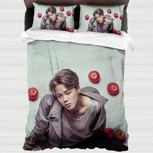 XYOK BTS Kinder Bettwäsche K-Pop Bettbezüge Mikrofaser Bettwäsche Sets Kissenbezug Schlafzimmer dekorative 3-teilig Mädchen Geschenke (Jimin, 135x200cm)