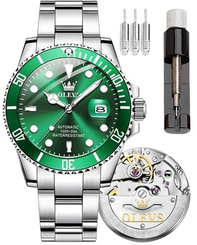 OLEVS Herrenuhr Großes Zifferblatt Datum Wasserdicht Mechanische Uhr Edelstahl Night Glow Luxus Vollautomatische Mechanische Uhr, 6650-original Green, Modern
