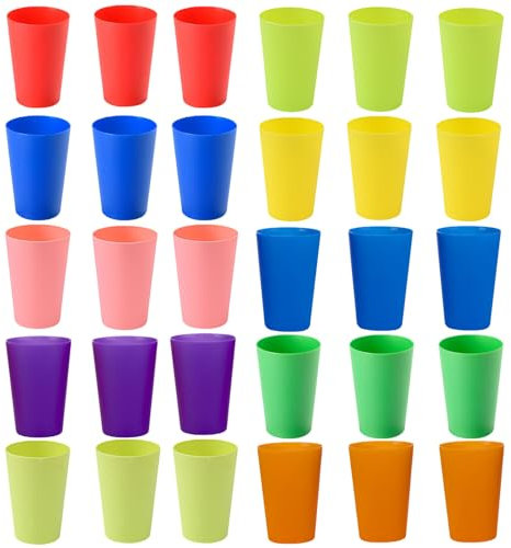 Hikrxya 30 Pack Reusable Plastic Cups, 260 ml Plastic Drinking Cups, Bright Multi Coloured Plastic Tumblers Set for Children Kids, Outdoor, Parties, Picnics, Camping, BBQ’s, Travel, Kitchen