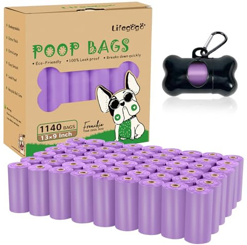 Extra Thick Dog Poop Bags - 1140 Count with Dispenser, Unscented, Strong Leak Proof Waste Roll - 57 Rolls, Purple (13 x 9 Inches)