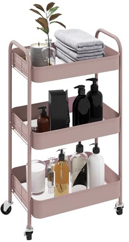 HOMCOM 3-tier Storage Trolley on Wheels, Metal Storage Cart, Rolling Ultility Cart with 3 Mesh Baskets for Living Room, Kitchen, Pink
