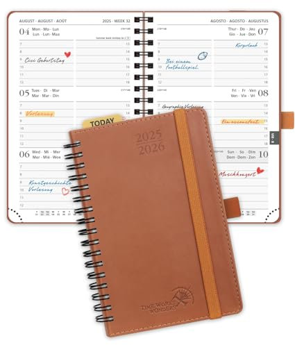 POPRUN Taschenkalender 2025 2026 Klein (Aug.2025-Dez.2026) Ringbuch mit Softcover, ca. A6 (16 x 10,5 cm), terminplaner 2025 2026 Klein 1 Woche 2 Seite mit Plastiklineal - Braun
