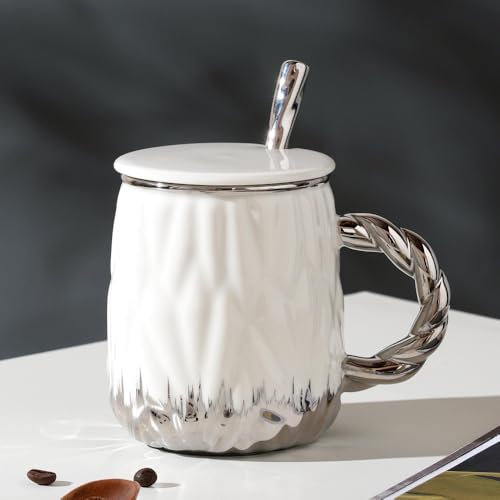 Huiyiwert Tasse à café en porcelaine - 450 ml - Grande tasse à café avec couvercle et cuillère - Tasse de bureau - Tasse à cacao - Avec anse - Cadeau de Noël, d'anniversaire - Pour hommes, femmes,