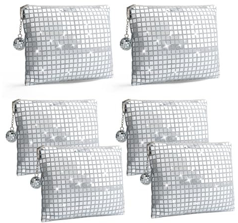 Disco Makeup Tasche 6er Set Mini Kosmetiktasche Damen für Hochzeit, Reise & 70er 80er Jahre Party Retro Glitzer Design Kosmetikbeutel Reisegröße, Wiederverwendbar(Silber)