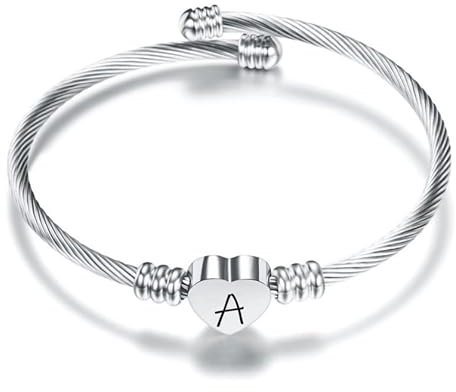Suonie Plata Amor Corazón 26 Letra Inicial Alfabeto A-Z Pulsera Joyería Regalo Ajustable Para Hija Hijo Hermanas Amigos Madre Colega Amante Cumpleaños Navidad (A)