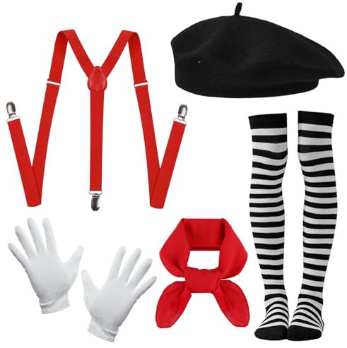 Xerteam Pantomime Kostüm Damen Herren, Karneval Pantomime Kostüm Schwarze Baskenmütze Rote Schal Schwarz-weiß Gestreifte Strümpfe Weiße Handschuhe Hosenträger, Faschingskostüme Karneval Kostüm