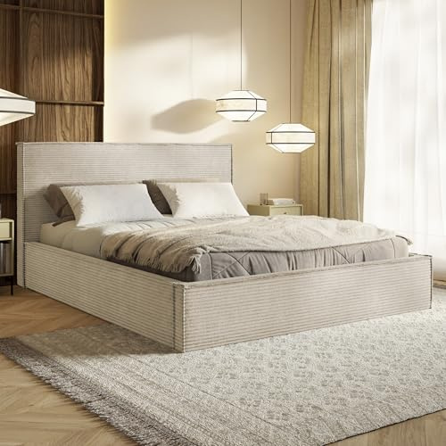 MOTIVENA Boho Bett 120x200 Beige Cord, mit Stauraum, mit Kopfteil, mit Lattenrost, ohne Füße, ohne Matratze, Polsterbett 120x200 mit Bettkasten Beige (Creme)