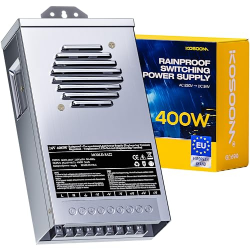 KOSOOM 24v Netzteil Trafo 16,7A 400W – Schaltnetzteil 200-240V auf 24V, IP44 LED Transformator für LED Streifen, Lampen, CCTV Kamera, 3D Drucker, Motor, Pumpe, Industriegeräte