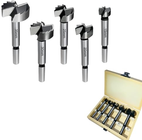 Foster Bohrer, 5-teiliges Foster Bohrerset, Holzbearbeitungs-Lochöffner-Set mit Aufbewahrungsbox, geeignet für Holzbearbeitungsbohrungen, Bohrsäge, Topfbohrer, Scharnierlochöffner (Ø15-20-25-30-35mm)