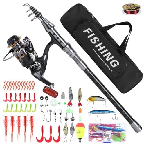 Achort Canna da Pesca e Mulinello Combo Set di Canne Telescopica con Lenza, Set Combinato Canna da Pesca Telescopica e Mulinello, Kit di Esche da Pesca e Borsa per Il Trasporto