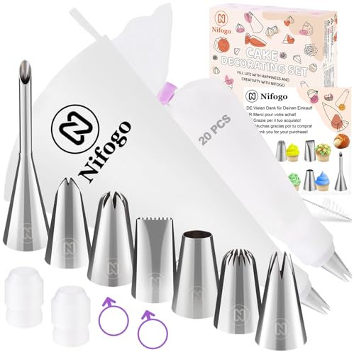Nifogo Beccucci Sac a Poche Professionale Grandi 33 Pezzi, 35cm Saccapoche Riutilizzabile in Cotone con 7 Beccucci in Acciaio Inox, Kit Pasticceria per Dolci, Decorare Torte