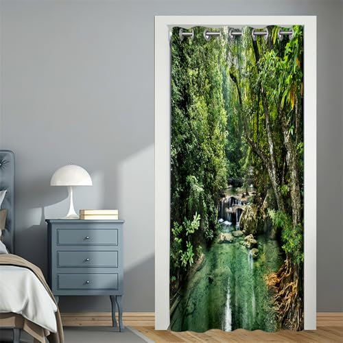 Surwin Türvorhang Blickdicht mit Ösen, Vorhang Thermovorhang Kälteschutz Verdunkelungsvorhang Gardinen Wohnzimmer für Schlafzimmer Blackout Garderobenstangen -Wald (Fluss,80x150cm)