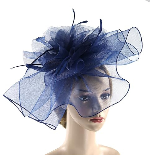 20er Jahre Haarschmuck Fascinator Hüte für Damen Pillbox Hut mit Schleier Stirnband Einer Gegabelten Hut Mesh Federn Stirnband Tea Party Kopfbedeckung Damen Fascinator Stirn (Navy, One Size)