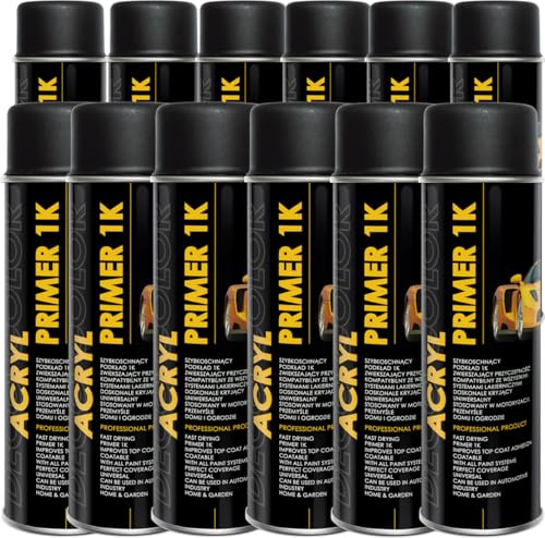Deco Color 12 STÜCK ACRYL CAR LINE Grundierung SCHWARZ 500ml - Haftgrund für z.B. Alufelgen, KFZ, Holz, Beton (12 Dosen 500ml Grundierung Schwarz)
