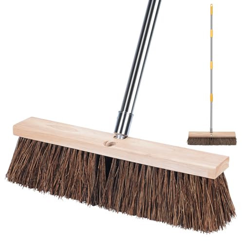 18” Garden Broom Outdoor Yard Brush with Long Handle, Stiff Bassine Hard Bristle Heavy Duty Outside Sweeping Brush, Patio Deck Scrubber