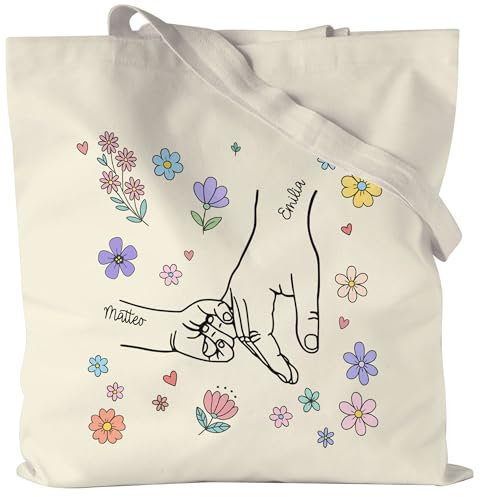 Kiddle-Design Mama Jutebeutel Personalisiert mit Namen Hand in Hand Blumen Geschenk Mutter Muttertag, Tragetasche mit Kindern Handmotiv, Muttertagsgeschenk Geburtstag - Einkaufstasche