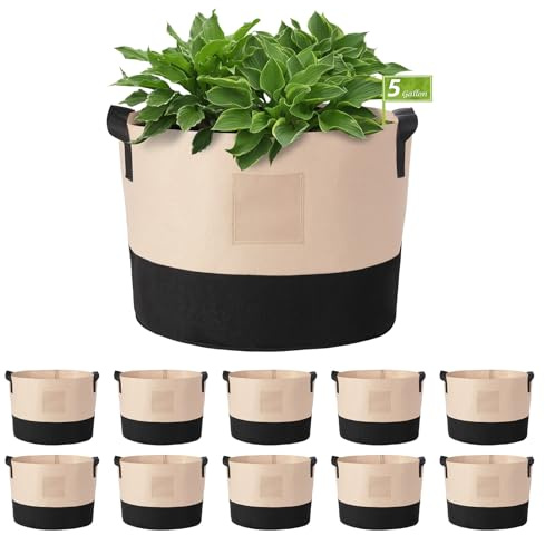 LITLANDSTAR 5 Gallon Plant Grow Bags, 10 Pack Heavy Duty Thickened Nonwoven Fabric Plant Pots with Handles and Label Bags, Fabric Grow Bags for Growing Vegetables Flowers Herbs (Black Mixed Camel)
