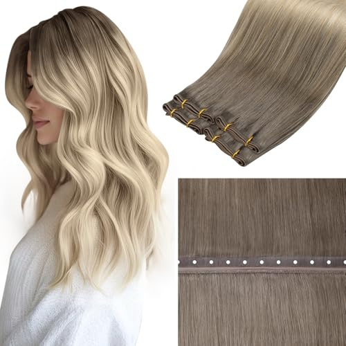 LaaVoo Butterfly Weft Extensions Echthaar Ombre Blond #8/18/60 50cm 60g | Butterfly Weft Extensions Echthaar Balayage Braun PU OVO Weft Haarverlängerungen Ombre Blond Remy Menschenhaar
