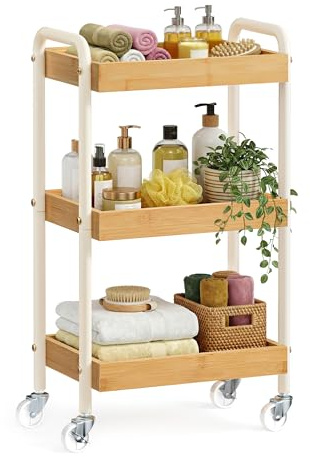 SONGMICS Rollwagen, mit Griffen, Stahlgestell, 41,3 x 27,5 x 73 cm | Servierwagen, Küchenwagen, Küchenregal, einfacher Aufbau, Leichter Bambus, COLTEN Kollektion LRC081YL01
