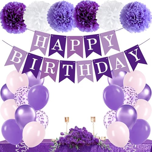 Decoración de cumpleaños lila, rosa y violeta, juego de decoración de fiesta de cumpleaños con pancarta de feliz cumpleaños, globos de papel para bebé, niña, niño, hombre, mujer, decoración de