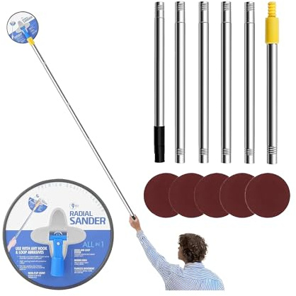 Drywall Pole Sander with Extension Pole: 9 Inch 360° Rotation Radial Sander Kit with 6Pcs Sandpaper (120, 180, 240, 320 Grit) Aluminum Alloy Drywall Polishing Sanding Tool for Wall Ceiling Polishing