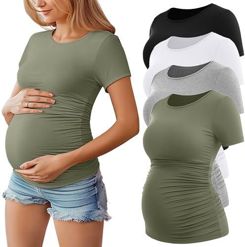 Geyoga Confezione 4 Top Premaman Maniche Corte Donna | Cotone, Collo Rotondo, Pieghe Elastiche Laterali, Taglio Aderente, Estate, Traspirante, Elastico, Casual, Morbido