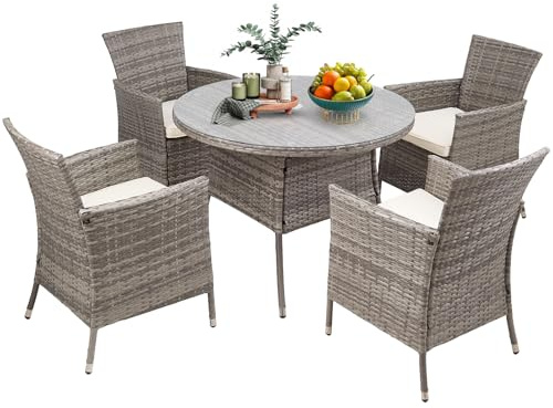 Warmiehomy Rattan Garden Table and Chairs Set 5 Pieces Garden Dining Set 100cm Round Patio Table with Parasol Hole Wicker Chairs with Seat Cushions Tempered Glass Tabletop and 4 Seater Armchairs, Grey