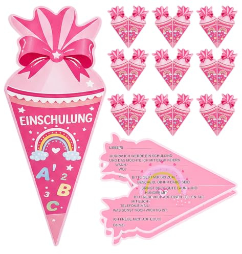 12 Stück Einladung Einschulung Mädchen,Einladungskarten Einschulung,Einladung Schulanfang,Einschulungskarten mit Rainbow für Junge Schuleinführung Klappkarte Party Schulkind Geschenke Deko (Rosa)