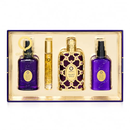 Orientica Luxury Collection Velvet Gold Premium Gift Set - 80ml Eau de Parfum, 115ml Body Mist, 115ml Body Lotion & 10ml Travel Spray | Long Lasting Floral Oriental Fragrance Gift Set