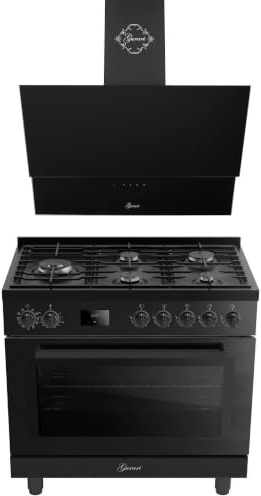 Gurari Küchen Set Gasherd mit Dunstabzugshaube 90 cm Schwarz GCH E 818 BL+GCH D 268 BL 9 PRIME N Gas Standherd 90 cm, Elektro Backofen 126 L, Hydro Clean, Air Fry, Drehspieß + Abzugshaube 1000m³/h