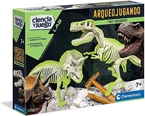 Clementoni - Arqueojugando T-Rex y Triceratops fosforescente - Juego científico para excavar y Montar Dinosaurios apartir de 7 años, Juguete en español (55054)