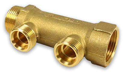 2- fach Messing Verteiler, Balken mit [1''IG x 1''AG], 2 Abgänge mit 3/4'' EK (Eurokonusanschluss)