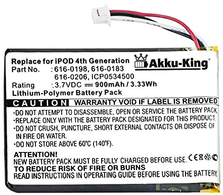 Akku-King Akku kompatibel mit Apple 616-0183, 616-0215 - Li-Polymer 900mAh - für iPod 4, 4. Generation, Photo 30GB, 40GB, 60GB, A1099