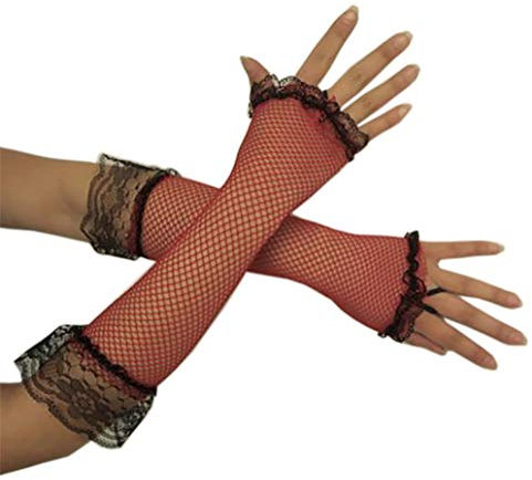 Netzhandschuhe Handschuhe Netz rot schwarz Lang Spitze Fingerling Finger Handschuh Fingerlos