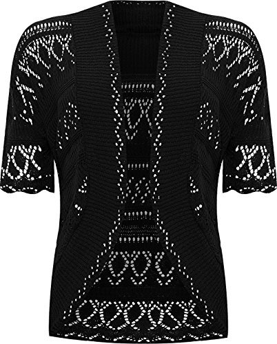 WearAll Womens Plus Size Crochet Knitted Short Sleeve Ladies Open Cardigan Top - Black - 16-18
