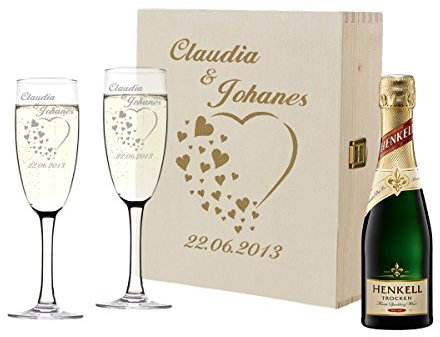 polar-effekt 2 Sektgläser und Sekt-Flasche in Geschenkbox Personalisiert - Hochzeit Geschenkidee Sektglas-Set mit Gravur - Motiv Herzen