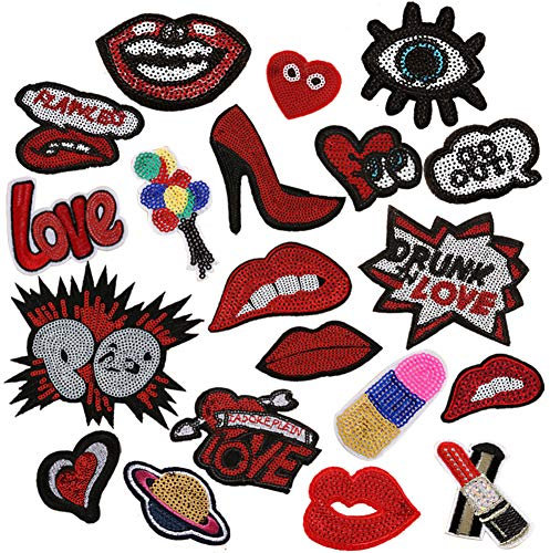 Choco Mocha 20PCS Lips Shoes Patches Iron On Sequin Embroidered Decorative Sewing Patch Applique for Jeans Jackets Clothes Pants Hat Appliques DIY Backpack Accessory, Red Lips Shoes