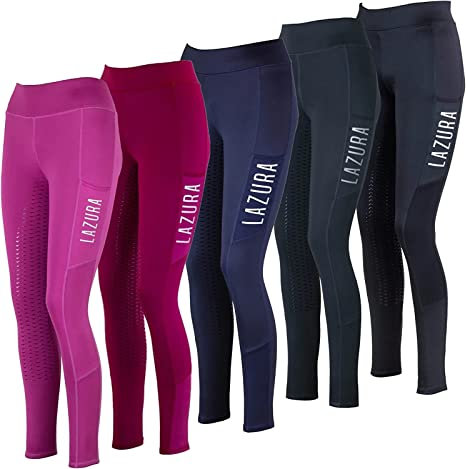 Lazura - Reitleggings für Mädchen Emilia | Vollbesatz aus Silikon | Vollbesatzreithose mit 2 seitlichen Handytaschen | Kinder Reithose in Nachtblau | Reitbekleidung in Größe 164