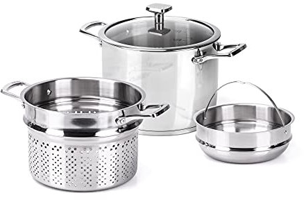 Moneta Accordo Inox Olla de Vapor con Tapa de Cristal y 2 Asas, Cesta de Vapor Doble, Revestimiento Exterior de Acero Inoxidable Cepillado, para Todas las Cocinas, Apta para el Lavavajillas, 24 cm