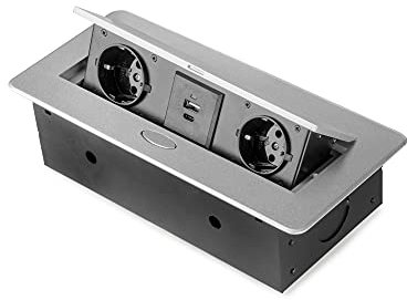 Emuca - Regletas Enchufe, Regleta de enchufes para Escritorio, 2 enchufes EU + 1 USB Tipo A + 1 USB Tipo C, 265x120mm, Acero y Aluminio, Pintado Aluminio