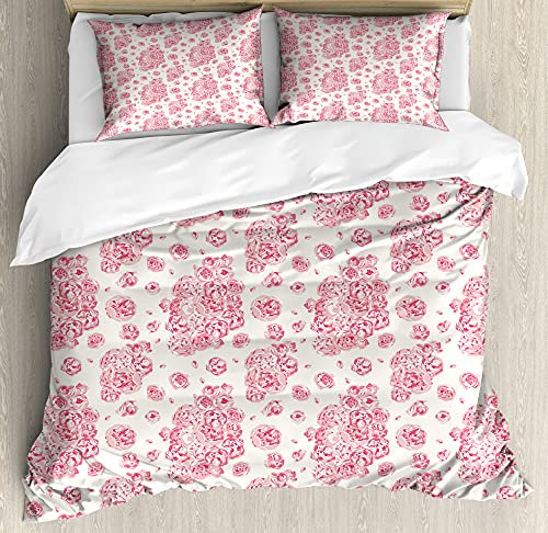 ABAKUHAUS Coral Duvet Cover Set, Peonies English Roses, Bedding Set 2 Pieces with 1 Pillow Shams, 130 x 200 cm - 70 x 50 cm, Dark Coral Pale Pink
