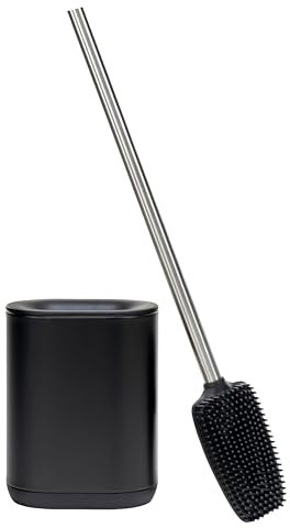 Erreke Escobilla Baño Silicona, Escobilla WC, con Soporte Antihuellas, Fácil Montaje en la Pared, Acero Inoxidable SS410, Higiénica, Flexible y Resistente, Mango Largo (Negra)