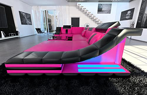 Sofa Dreams Wohnlandschaft Turino U Form Ledersofa - mit LED Beleuchtung, verstellbare Kopfstützen, Recamiere/Lederfarben wählbar/Ausrichtung wählbar (Ottomane rechts, Pink-Schwarz)