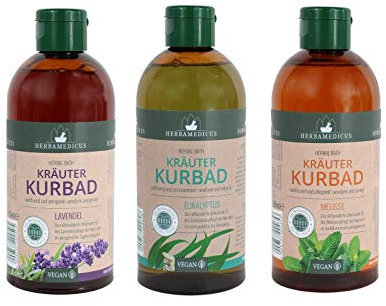 Kräuterbäder 3er Set Melisse Eukalyptus Lavendel Badezusatz INKLUSIVE 1x BADESCHWAMM Schaumbad Kurbad mit ätherischen Ölen Herbal Bath Herbamedicus