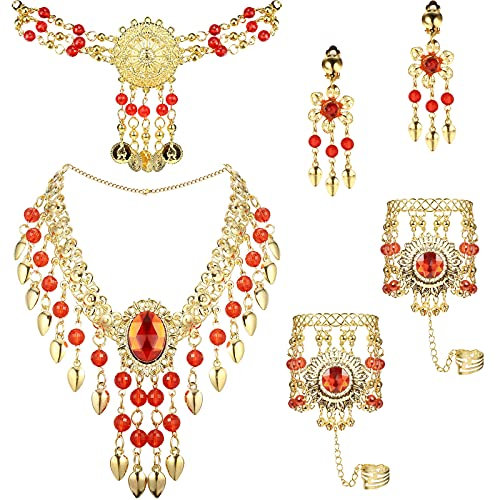 Kakonia Vergoldetes Bauchtanz-Schmuckset für Frauen, Kopfschmuck, Dreieck, Armband, Ringe, Statement-Halskette, Ohrclips, Halloween-Party-Kostüm Gold