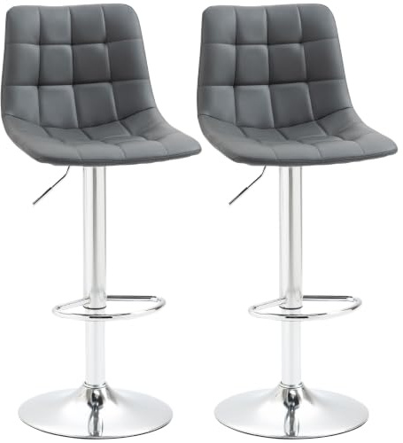 HOMCOM Adjustable Bar Stools Set of 2 Swivel for Kitchen Counter Grey | PU Leather Upholstered Barstools, Tufted Seat and Back, Breakfast Bar Chairs