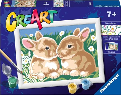 Ravensburger - CreArt E Series: Bunnies in the Daisies, Painting by Numbers Kit, Contains a Pre-Printed Board, Brush, Colours and Accessories, Creative Game for Children 9+ Years Old