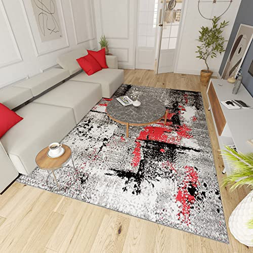 Mazovia Modern Teppich - Kurzflor - Teppich für Wohnzimmer, Schlafzimmer, Esszimmer - ÖKO-TEX Wohnzimmerteppich, Robust und pflegeleicht, Niedrige Florhöhe - Grau Rot 140 x 200 cm
