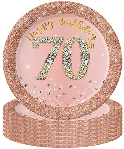 16Pcs 70th Birthday Rose Gold Paper Plates 7 inch,70th Rose Gold Woman Birthday Party Paper Plates,Happy 70thBirthday Tableware Decorations for Her,Women,70thBirthday Gifts Party Supplies