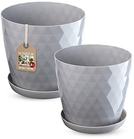 KADAX Blumentopf, Kunststoff Topf-Set mit Untersetzer, Pflanzkübel aus leichtem Material, dekorativer Kräutertopf, Topf für Blumen, Pflanzen, Kaktus und Sukkulente (Set of 2-25 + 30cm, grau)